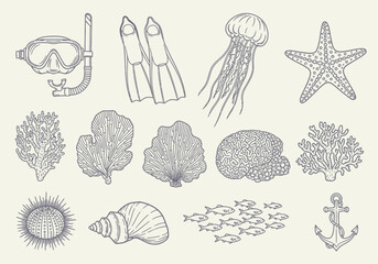 Vintage Marine Life and Snorkeling Gear Icon Set - Hand-Drawn Underwater Sea Creatures and Nautical Elements Line Art © wafie studiio
