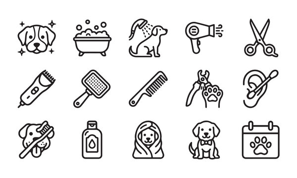 Pet grooming and dog hygiene icons set featuring professional salon tools line art.