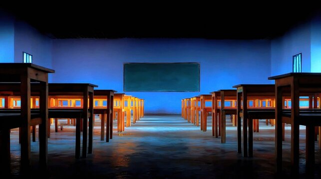 Rows of wooden student desks sit in an empty classroom interior with a green chalkboard for academic branding, school background and education course advertising