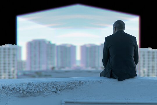 Man seated on a roof ledge overlooking a distant city skyline for mental health awareness, urban solitude concepts and contemplative lifestyle advertising