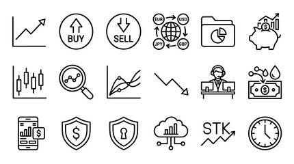 Fototapeta premium Stock Trading and Investment Line Icons Set, Minimal Monoline Buy Sell, Market Analysis and Financial Security Vector Collection