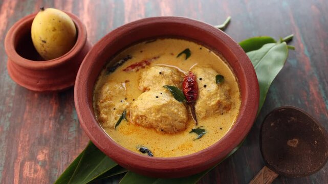 Traditional yellow mango curry or Mampazha Pulissery sweet and sour dish Kerala India . Made from organic raw ripe mango, coconut milk, seasoned with curry leaves, mustard, Indian red Kashmir chilli.