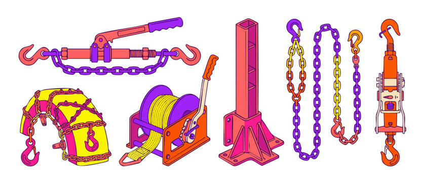 Rigging lifting tools chain hoist winch lever load binder set for heavy duty industrial construction material handling securing safety flat vector graphics isolated on white background.
