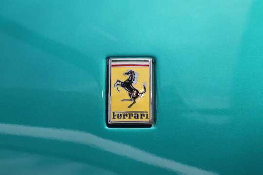 Modena, Italy, may 29 2026 - Motor Valley Fest 2026 public exhibition, Ferrari Amalfi Spider, detail of the prancing horse logo, luxury sports car