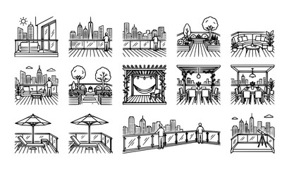 Obraz premium Penthouse Balcony Outline Icons Vertical Rooftop Vector Set