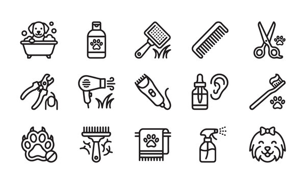 Dog grooming line icons set, pet hygiene supplies, shampoo, brush, scissors.