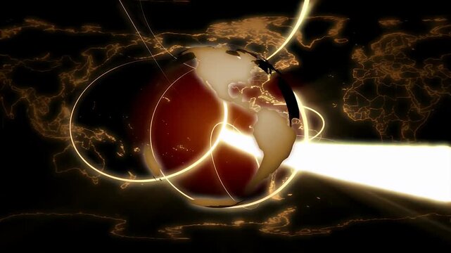 Digital Airplane Flying Around Global Earth Globe with Light Trails