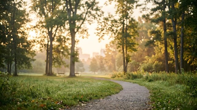 A winding gravel path through a sunlit grassy park with tall trees in the golden hour.