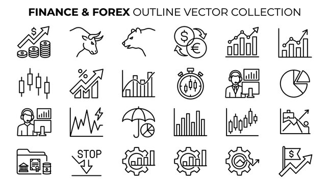 Gray Finance and Forex Outline Icon Set with Trading Symbols, Minimal Line Vector Illustration Collection