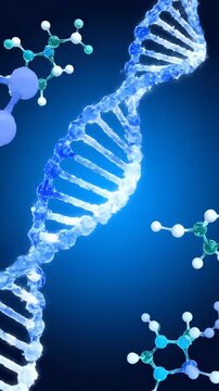 Abstract digital illustration of dna double helix structure surrounded by floating molecular models in blue tones