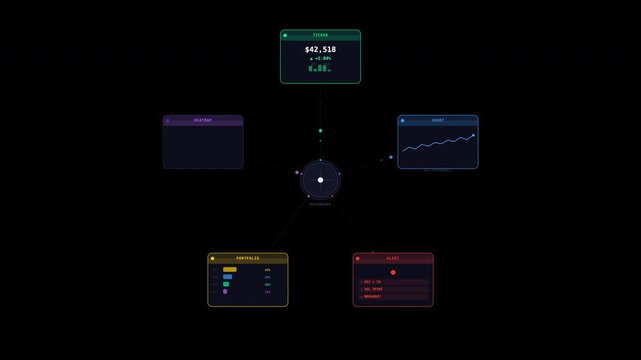 Ideal for presentations, reports, or websites. Dark themed business interface design with circular dashboard for financial data analytics.