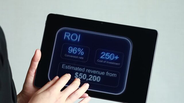 A person holds a tablet that shows key metrics for return on investment. The screen displays a conversion rate, cost of investment, and estimated revenue figures.