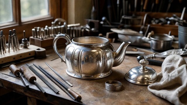 silversmith. Silversmith's wooden workbench with tools and a gleaming silver teapot in progress, soft window light. safety posters.