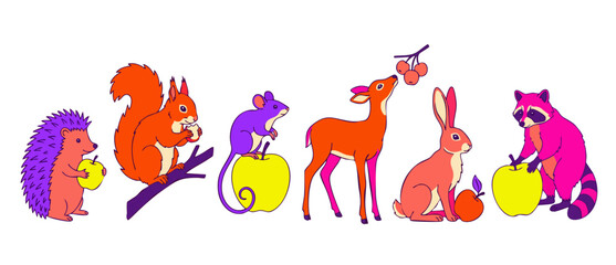 Obraz premium cute woodland animals vector illustration set featuring colorful forest creatures squirrel deer hedgehog rabbit raccoon mouse eating autumnal fruit isolated on white background clip art graphic design