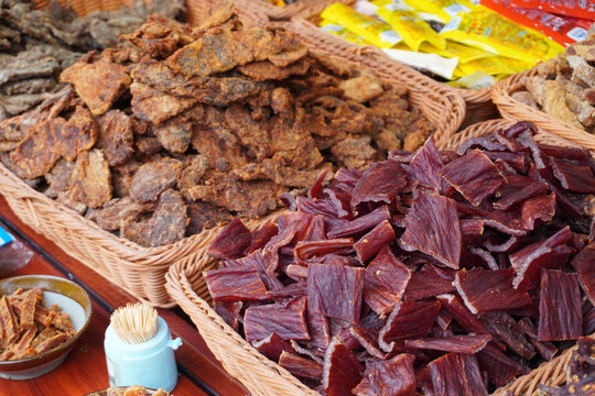 Authentic, richly seasoned local dried beef from the historic streets of Qingyan Ancient Town, Guizhou Province China 