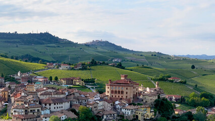 Fototapeta premium Aerial View of Barolo Village and Historic Castle in Piedmont Italy