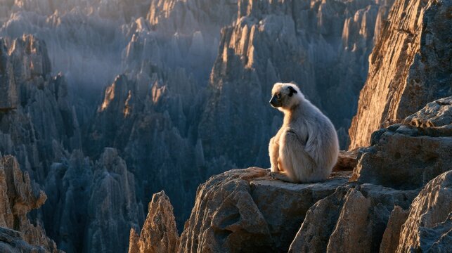Tsingy de Bemaraha National Park. Madagascar.  Monkey sits on a rock looking over the mountain landscape at sunrise in a national park