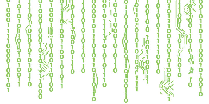 Green digital binary code falling down in vertical lines representing computer data stream and technology