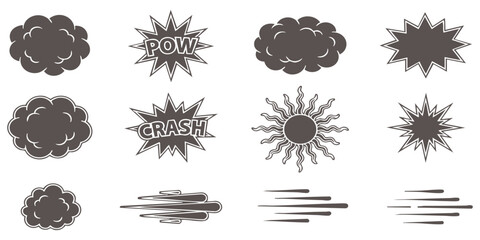 Set of comic book style explosion bubble and action effect icons for graphic design and creative projects © GraphixEra