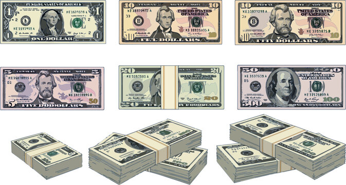 United States Currency Bills And Stacks Detailed Illustration