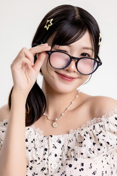 Close-up portrait of cute Asian young woman wearing glasses and winking playfully, Japanese Kawaii style, smiling at camera, isolated on white background.