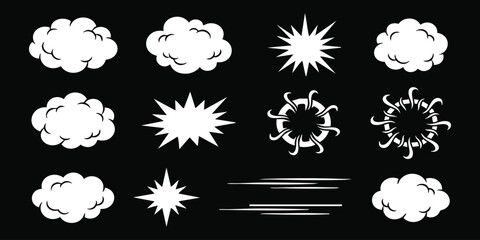 Set of cartoon comic book explosion bubble speech clouds and action effect elements for graphic design projects © GraphixEra