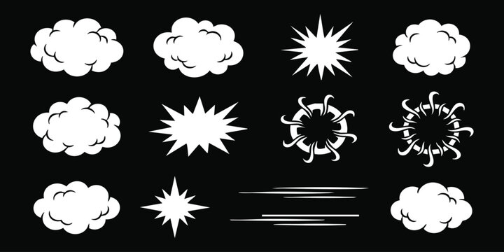 Set of cartoon comic book explosion bubble speech clouds and action effect elements for graphic design projects