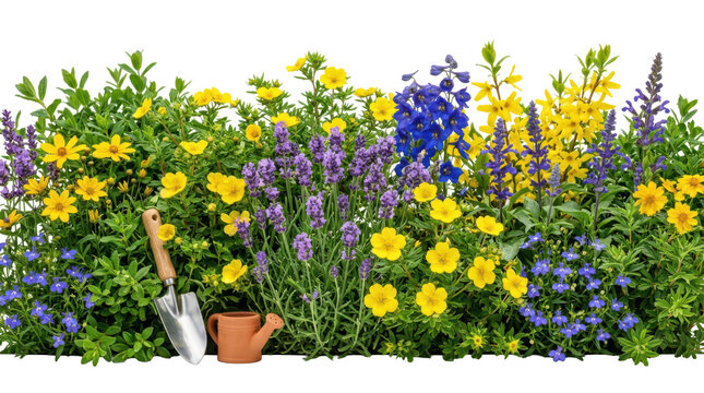 Summer flower border with lavender yellow buttercups blue lobelia and garden tools isolated on clear background.