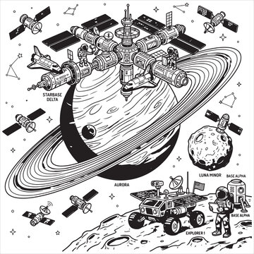 Isometric space station orbiting planet Aurora with satellites rover and astronaut on moon surface, sci-fi vector illustration