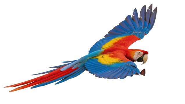 Scarlet Macaw parrot flying with vibrant blue red, and yellow feathers