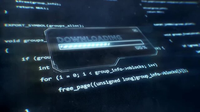 Digital downloading progress bar overlay on computer source code screen