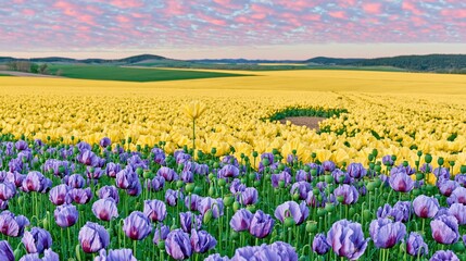 Obraz premium Vibrant field of yellow and purple poppies under a pink sunset sky, an idyllic spring wildflower landscape for seasonal nature and travel backgrounds