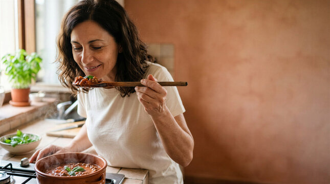 Mature woman, 49 years old,
European (Italian, Mediterranean type), tasting pasta sauce