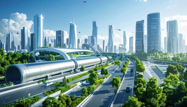 Futuristic Cityscape with Green Transport System