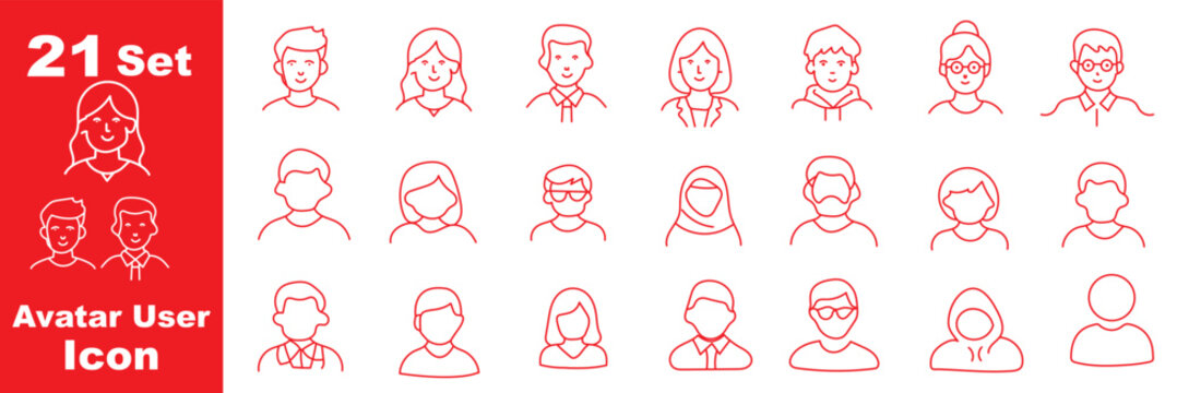 People and avatar outline icon set. Vector pictograms of diverse male and female user profiles, minimal linear illustration.