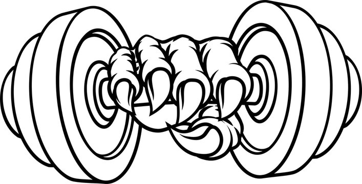 A dumb bell gym weight sports illustration of an eagle or animal monster hand holding dumbbell 