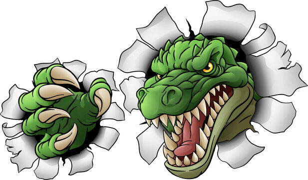A crocodile, dinosaur or alligator lizard mean angry cartoon sports mascot 