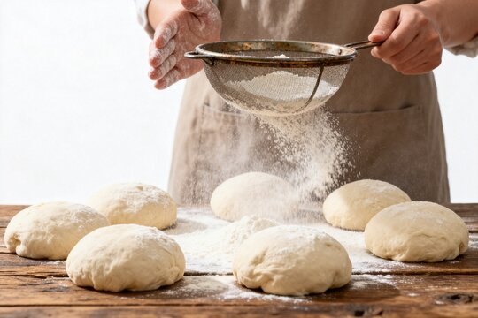 Baker Dusting Dough with Flour on Wooden Table