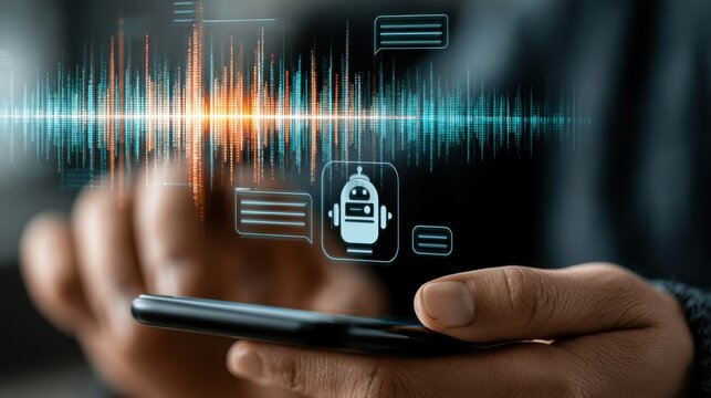 Person uses smartphone to interact with chatbot while showing sound wave pattern on screen in modern setting