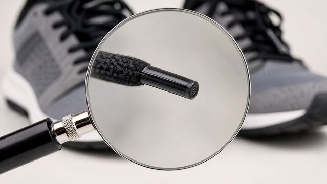 aglet. Magnifying glass focusing on shoe aglet tip with blurred background. lifestyle magazines, social media lookbooks, designed for lifestyle magazines and social media content.