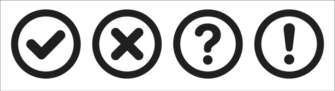Check Mark and Symbol Icons Illustration, Green Check Mark, Red Cross, Blue Question Mark, and Yellow Exclamation Point Round Thin Line Vector Signs in Solid Circle Style Isolated on White Background,