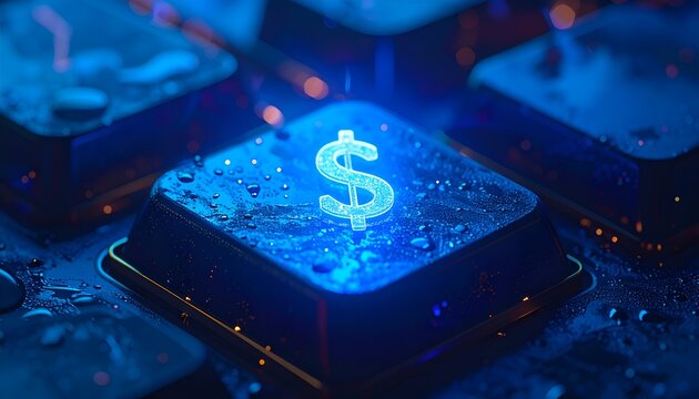 Blue glow illuminates a dollar symbol on a wet key. Dew droplets bead on dark, metallic keys