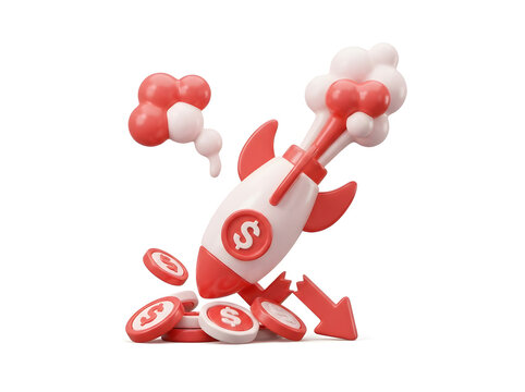 Rocket Crash and Falling Coins Illustrating Financial Loss.