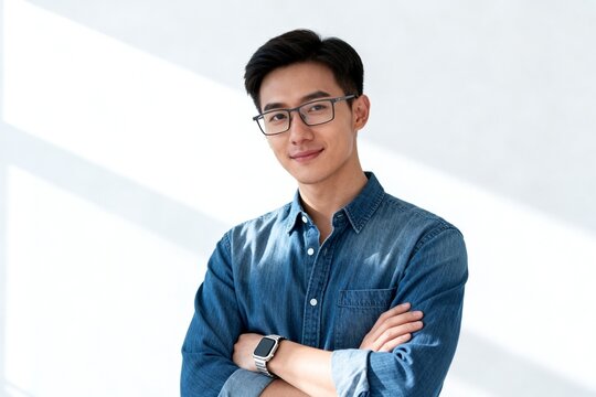 Confident Young Man in Denim Shirt Against Bright Background