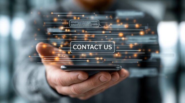 Man holding smartphone with contact us text on screen, showing digital connections in modern office