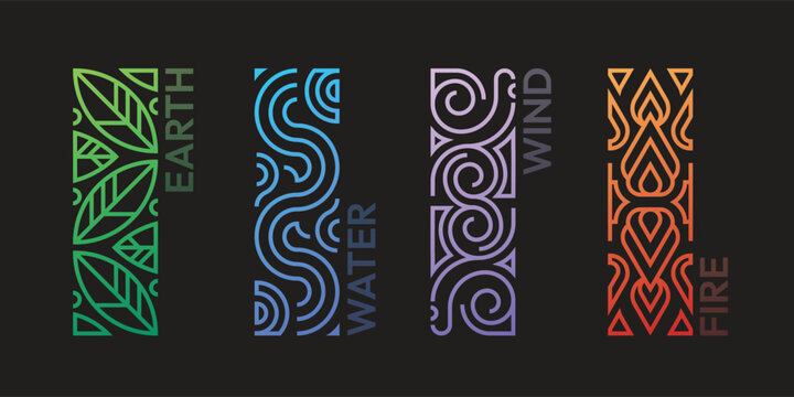 The Four nature elements - Earth Water wind and fire with abstract linear rectangle shape on black background vector design