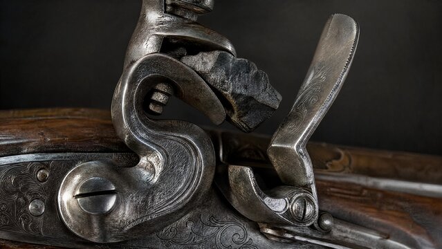 flintlock. Close-up detail of ornate flintlock pistol focusing on flint against frizzen. product launch decks, UI/UX mockups, designed for data visualization dashboards and holographic UIs.