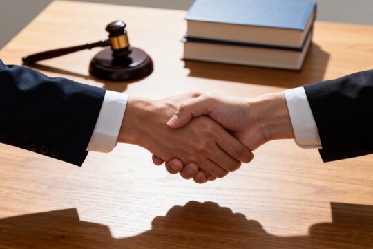 Business handshake over wooden desk with gavel and books