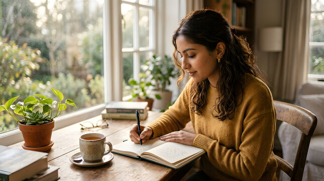 Young woman journaling at window with morning light, mindfulness and mental wellness concept