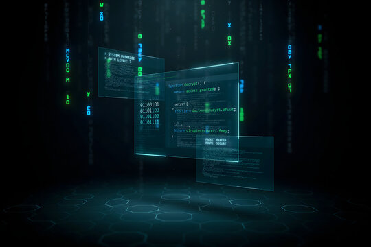 Digital code streams and holographic screens representing data analysis and cybersecurity concepts futuristic technology background.